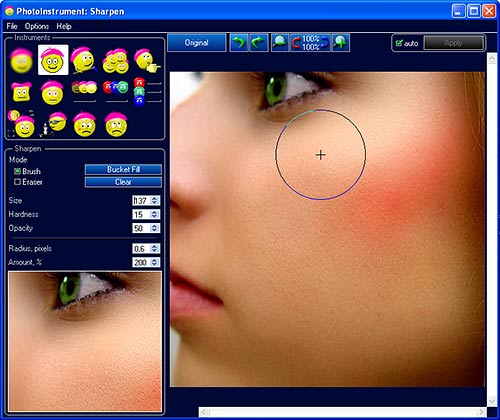 PhotoInstrument is an easy to learn tool for editing and retouching digital photos. The powerful raster graphics editor in PhotoInstruments quickly
The powerful raster graphics editor in PhotoInstruments quickly and easily allows you to adjust and process digital photos.  PhotoInstruments rich tools and effects offer adjustments and photo retouching tools that are usually found only in expensive retouching software.

Now with just a few clicks in PhotoInstrument anyone can solve most digital photo problems. So easy to use that anyone can apply these changes.  Included with PhotoInstrument is a short video tutorial that will teach you how to use PhotoInstrument in just minutes.

PhotoInstrument supports more than thirty image formats including PNG, JPG, BMP, TIF, PCX, TGA, EXR, ICO and Adobe Photoshop PSD.
 
PhotoInsturments user-friendly interface, supports these languages: English, German, Dutch, French, Spanish, Italian, Russian.
 
 Here are some of the tools featured in PhotoInstrument:
 
 · Liquify
 · Clone
 · Smudge
 · Skin Cleaner
 · Glamour Skin
 · Dodge / Burn
 · Brush
 · Blur
 · Sharpen
 · Colorize
 · Rotate / Scale
 · Red Eye Removal
 · Brightness-Contrast
 · Adjust Color Levels